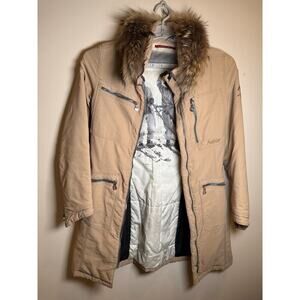 Women’s Parka Coat Beige Faux Fur Hood Ski Lining Size 8 Authier Italy
